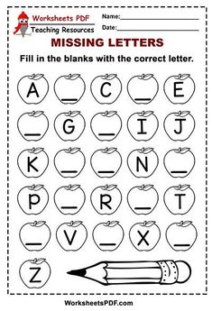 the missing letters worksheet is shown with an apple and pencil in front of it