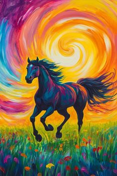 a painting of a horse running through a field with colorful swirls in the background