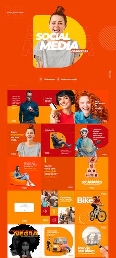 an orange and red web page with many different types of images on the bottom right hand corner