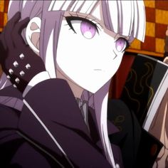 an anime character with long white hair and purple eyes holding a book in her hand