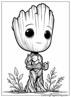 the baby groot is holding a flower in his hands coloring pages for kids and adults