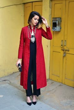 Cubicle Fashion: Smart ways to style your ethnic wardrobe - LookVine Jacket Pants Outfit Indian, Jacket With Pants Indian, Jacket Style Kurti Long With Pant, Long Shrugs Outfit Western, Long Koti Style Kurti With Pant, Sabyasachi Mukherjee, Red Kurta, Clothing Studio, Open Jacket