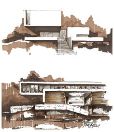 two drawings of different sections of a building