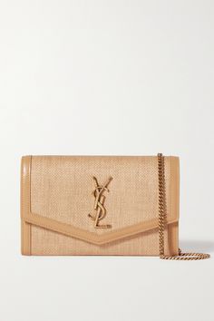 SAINT LAURENT Uptown leather-trimmed raffia shoulder bag | NET-A-PORTER Hand Bags For Women, Holiday Bag, Raffia Bag, Saint Laurent Bag, Purses Designer, Cute Bags, Womens Purses, Tote Bag Design, Mr Porter