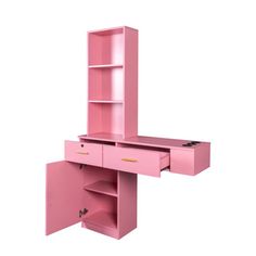 a pink desk with drawers and shelves on it