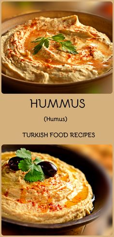 hummus and turkish food recipes are shown in two different pictures, one with an olive garnish on top