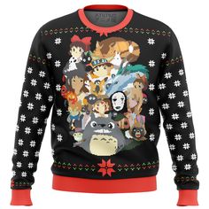 a black and red sweater with an image of many different characters on it, all in the same pattern