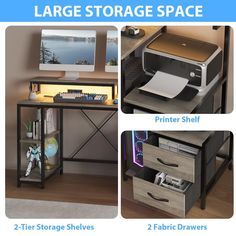 three different types of storage space for printer and printer shelfs, 2 - tier shelves, 2 - fabric drawers