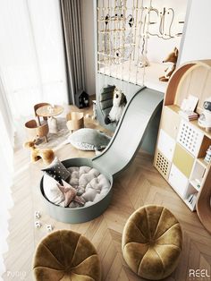 this is an image of a child's room with toys and furniture in it