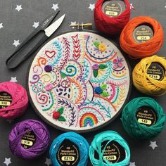 the embroidery kit is ready to be sewn and stitched with scissors, needles, and yarn balls