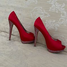 These Beautiful Evening Shoes Are New With Red Silk And Blings On The Heels And Platform For Especially Evening Events Red Fitted Heels With Almond Toe, Red Almond Toe Heels For Evening, Red Almond Toe Evening Heels, Red High Heel Evening Shoes, Red High Heel Evening Heels, Red Round Toe Heels For Prom, Red Closed Toe Heels For Prom, Red Open Toe Heels For Prom, Red High Heels For Evening