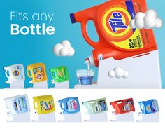 an advertisement for detergent products with the caption fits any bottle