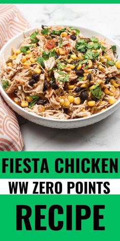 a white bowl filled with shredded chicken and black beans