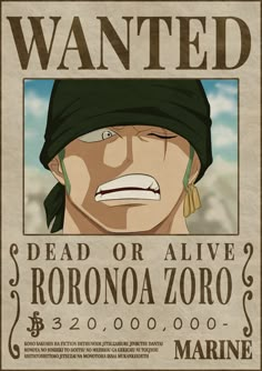 one piece wanted dead or alive poster with the name roronoa zoroo