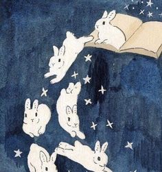 an image of rabbits flying in the air with books above them and stars falling down