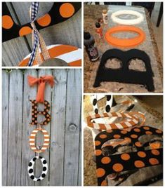 several pictures of different crafts and decorations on a wooden fence with orange, black and white polka dots