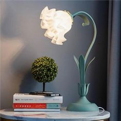 a lamp that is on top of a table next to some books and a plant