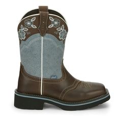 The denim leather upper is garnished by a leather collar embroidered by a delicate floral design giving this boot a slightly retro feel. The square toe and unit heel provide an easy fit and the J-Flex Flexible Comfort System insole with removable orthotic inserts add cushion and support whether you're in the barn or sitting pretty in the saddle. Size: 7 M.  Color: Brown.  Gender: female.  Age Group: adult. Cowboy Casual, Justin Boots Womens, Sitting Pretty, Justin Boots, Boots Womens, Leather Collar, The Barn, Country Outfits, Casual Boots