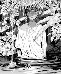 an anime character sitting in the water surrounded by plants