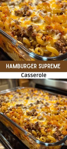 two pictures showing the same casserole in different pans, one has hamburger and the other has cheese