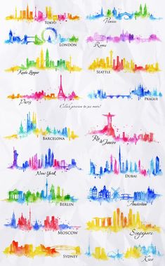 the skylines of different countries painted in watercolor