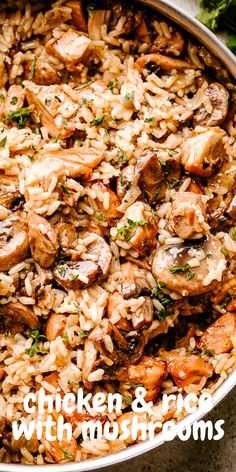 chicken and rice with mushrooms in a pan