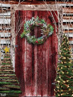 Rustic Christmas Barn Door Photography Backdrop - Photography backdrop featuring a red barn door with a Christmas wreath Barn Doors Backdrop, Barn Door Stage Backdrop, Rustic Barn Door With Christmas Jongle, Red Barn Door, Lush Christmas, Holiday Background, Rustic Holiday, Studio Setup, Printed Backdrops