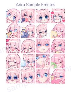 anime emotes with different facial expressions and hair styles, all in pink tones