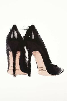 a pair of black high heeled shoes painted with watercolors on white paper