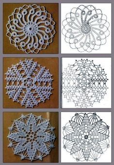 four different pictures of doily designs in white and black on a beige background, each with an individual's own design