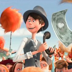 a cartoon character is holding an umbrella in front of a crowd of people with money