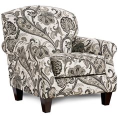 a white and black chair with paisley print on the armrests, sitting against a white background