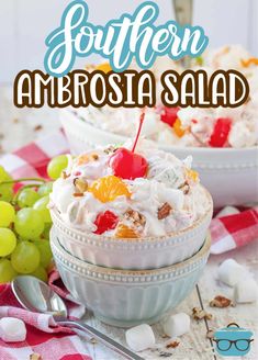 two bowls filled with fruit salad and the words southern ambrosia salad on top