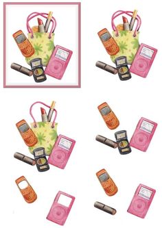 there are four different images of cell phones in the same image and one is pink