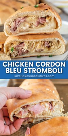 the chicken cordon bleu stromboli is cut in half