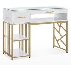 a white and gold desk with two shelves