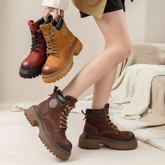 60mm Platform Boots Leather Martin Boots Designer Retro Chunky Riding Boots Yellow/Brown/Red Dark Boots, Brown Combat Boots, Heels Comfortable, Top Cow, Oxford Boots, Womens Combat Boots, Buckle Ankle Boots, Buckle Boots, Shorts Women