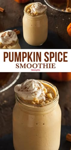 pumpkin spice smoothie in a mason jar with whipped cream and cinnamon on the side