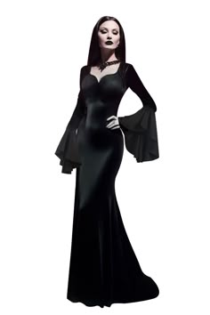 PRICES MAY VARY. Vintage design: Gothic retro style with just the right amount of glamour with the V-neckline, long flared sleeves to flatter your arms and a floor length fishtail skirt that can be worn with heels to flatter your figure. When you wear it, you will be the most eye-catching goddess in the crowd with a perfect figure. The dress is made from stretch fabric: the fabric is very soft and stretchy and super comfortable to wear against the body. It is opaque, lightweight and breathable, Morticia Addams Dress, Adams Family Costume, Addams Dress, Hallowen Ideas, Role Play Costume, Hallowen Costume, Morticia Addams, Fishtail Skirt, Perfect Figure