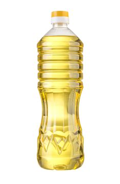 a yellow plastic bottle filled with oil on a white background and clipping to the side