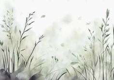 an abstract painting of grass and flowers on a white background with watercolng effect