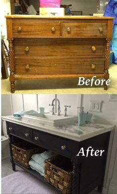 before and after photos of a bathroom vanity