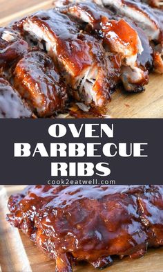 bbq ribs on a cutting board with the words oven barbecue ribs above it and below