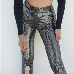 Zara High-Rise Sparkly Leggings Extra Long Color: Sliver Sz: S Sparkly Leggings, Zara Pants, Extra Long, Black Silver, Pant Jumpsuit, High Rise, Pants For Women, Zara, Leggings