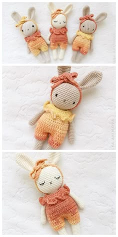 crocheted stuffed animals are shown in three different positions, including one bunny and the other rabbit