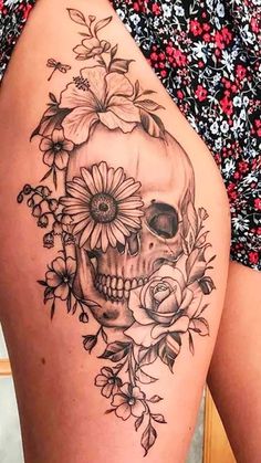 I will a full back tattoo design unique modern Floral Skull Tattoos, Skull Thigh Tattoos, Skull Tattoo Flowers, Feminine Skull Tattoos, Skull Rose Tattoos, Tattoo Artist Tattoo, Skull And Flowers, Hip Thigh Tattoos, Artist Tattoo