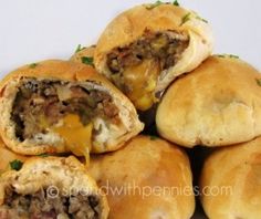 Bacon Cheeseburger Bombs! Love it?  Pin it! Follow Spend With Pennies on Pinterest for more great recipes! These are super delicious and simple to put together and my kids just gobble them up...  who am I kidding, so do I!!  Cheese, ground beef, onions... Bierocks Recipe, Stuffed Buns, Sausage Bread, Fat Head, Beef Sausage