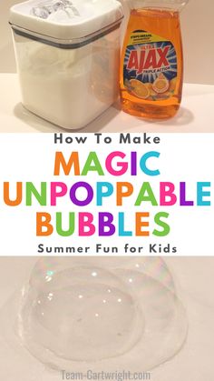 Text: How To Make Magic Unpoppable Bubbles Summer Fun for Kids. Top picture: Sugar and dish soap for 2 ingredient bubble recipe. Bottom picture: Magic bubbles with one bubble inside another. Unpoppable Bubbles, Summer Fun For Kids, Fun Summer Activities, Toddler Fun, Kid Activities, Kids Fun, Fun For Kids, Fun Summer, Kid Crafts