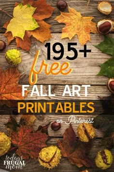 fall art printables with leaves and acorns on wooden background for sale