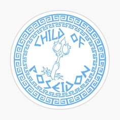 a blue and white sticker with the word child of zeida in greek letters